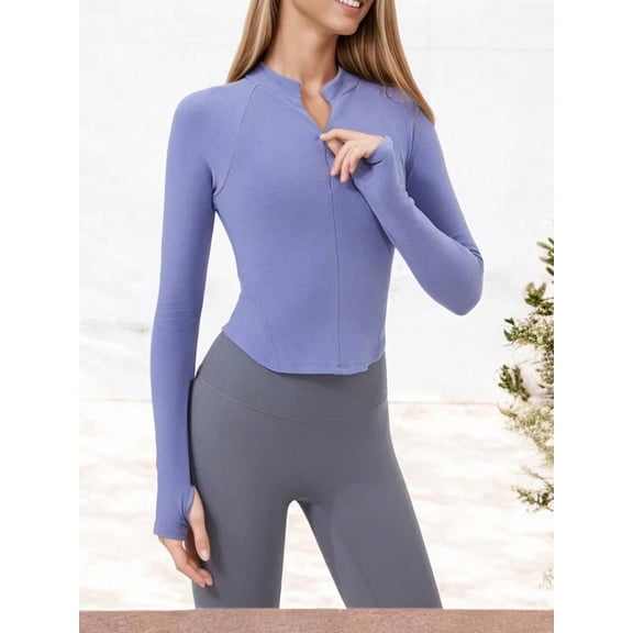Women's Slim Fit Zip-Up Active Top with Thumb Holes and Raglan Sleeves- Small, Purple