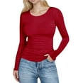 thumbnail image 1 of Women's Slim Fitted Long Sleeve Basic Tops Spring Crewneck Shirts Ribbed Knit Sweater Fashion Casual Tee Deep Red M, 1 of 7