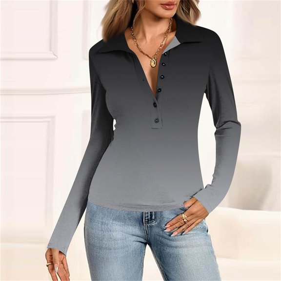 Women's Slim Fitted Polo Shirts V Neck Button Up Tops Casual Collared Gradient Color Basic Spring Tee Trendy Clothes Gray M