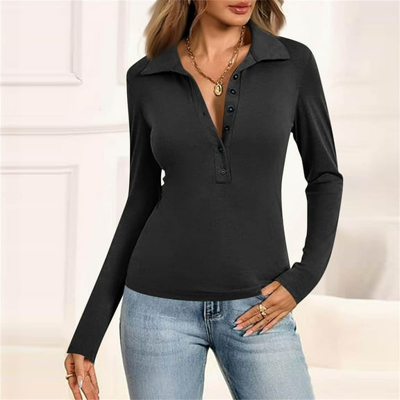 Women's Slim Fitted Polo Shirts V Neck Button Up Tops Casual Collared Solid Color Basic Spring Tee Trendy Clothes Black S