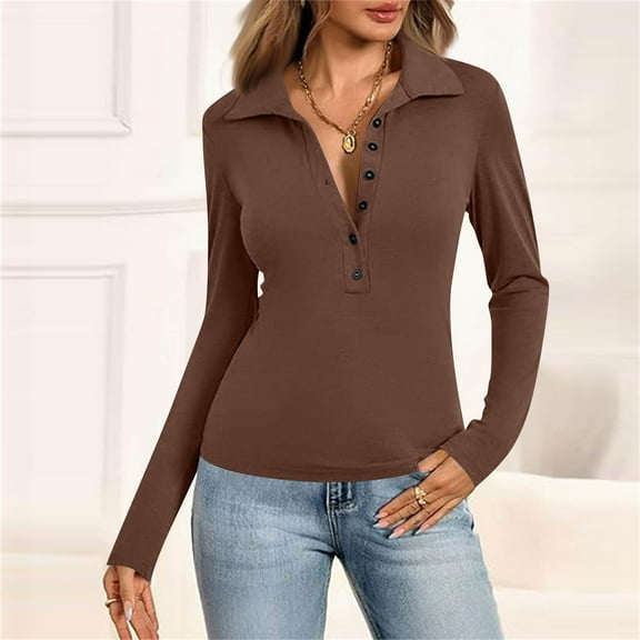 Women's Slim Fitted Polo Shirts V Neck Button Up Tops Casual Collared Solid Color Basic Spring Tee Trendy Clothes Coffee S