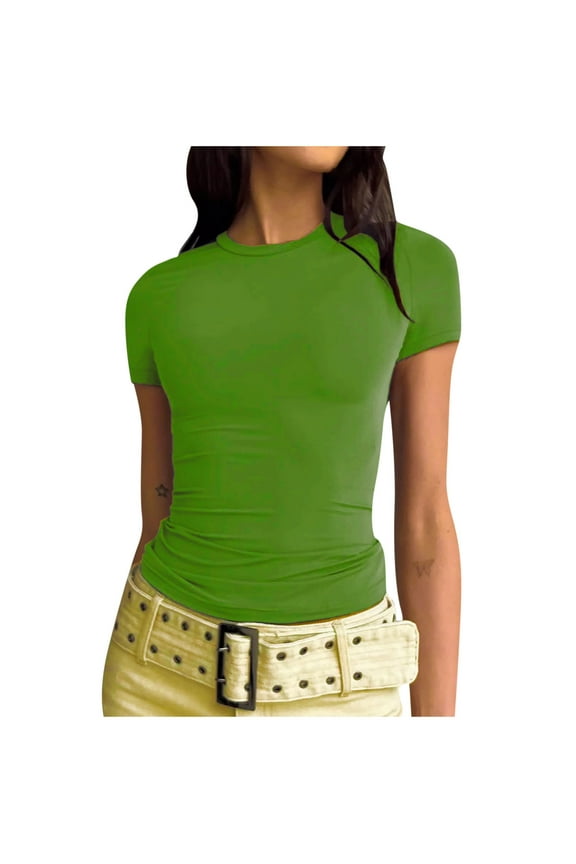 Women's Slim Fitting Basic Tees Solid Color Plain Tees Summer Tops Woman Vintage Lady Short Sleeve Western Shirts Tunic Crewneck T Shirt Green L