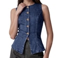 thumbnail image 1 of Women's Slim Fitting Long Denim Vest, Button Front Sleeveless Jean Waistcoat Blue XL, 1 of 7