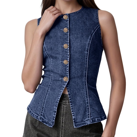 Women's Slim Fitting Long Denim Vest, Button Front Sleeveless Jean Waistcoat Blue XL