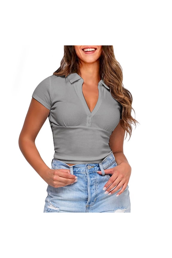 Women's Slim Fitting Rib Clinch Waist Tops Solid Color Plain Tees Woman Short Sleeve Western Shirts Vintage Summer Tunic Lady Collared V Neck T Shirt Gray M