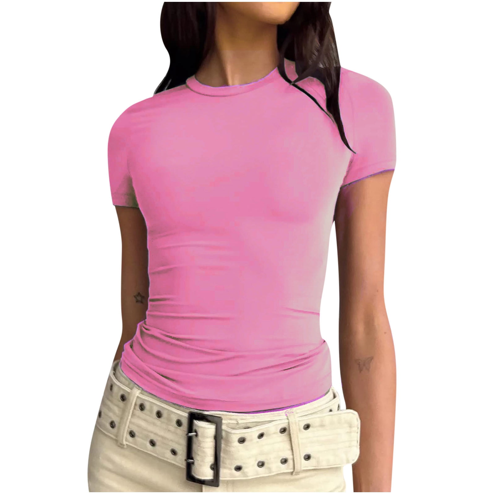 Women s Slim Fitting Sexy Basic Tees Clearance Short Sleeve Western Shirts Summer Tops Woman Vintage Solid Color Plain Tees Crewneck T Shirt 2023