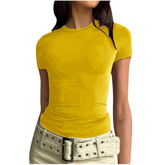 Women's Slim Fitting Sexy Basic Tees Clearance Vintage Summer Tops Woman Solid Color Plain Tees Lady Crewneck T Shirt Short Sleeve Western Shirts 2023 Tunic Yellow XL