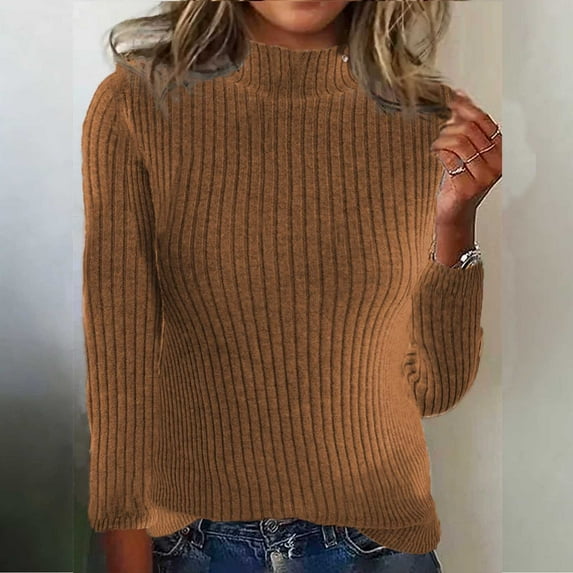 Women's Slim Fitting Turtleneck Sweaters Fall Winter Long Sleeve Pullover Sweater Ribbed Knit Basic Tops Brown XL