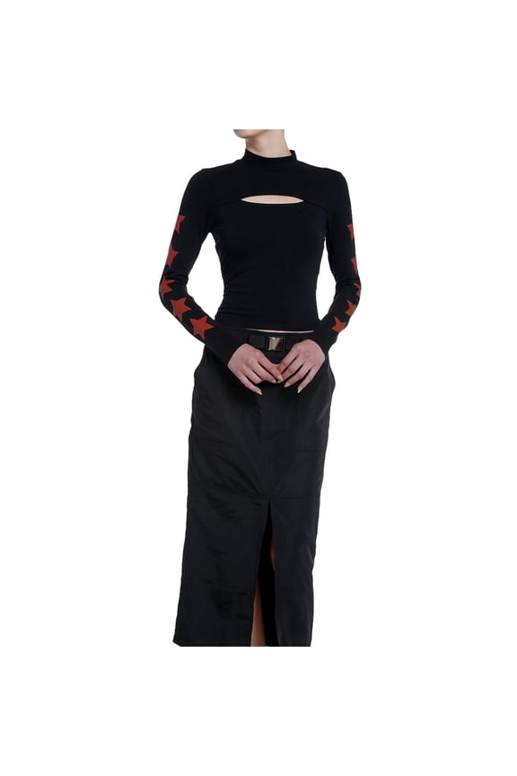 Women's Slim Gothic Tops Star Print Cutout Front Long Sleeve High-Neck Grunge Shirts for Summer Spring