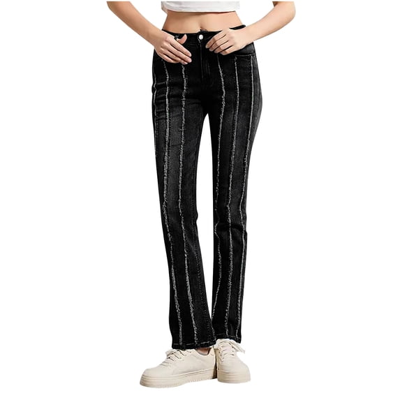 Women's Slim Jeans Mid-Rise Jean Stretch Denim Pants Retro Raw Side Jeans Slim Fit Straight Wide Leg Denim Pants with Pockets