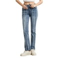 thumbnail image 1 of Women's Slim Jeans Mid-Rise Jean Stretch Denim Pants Retro Raw Side Jeans Slim Fit Straight Wide Leg Denim Pants with Pockets, 1 of 9