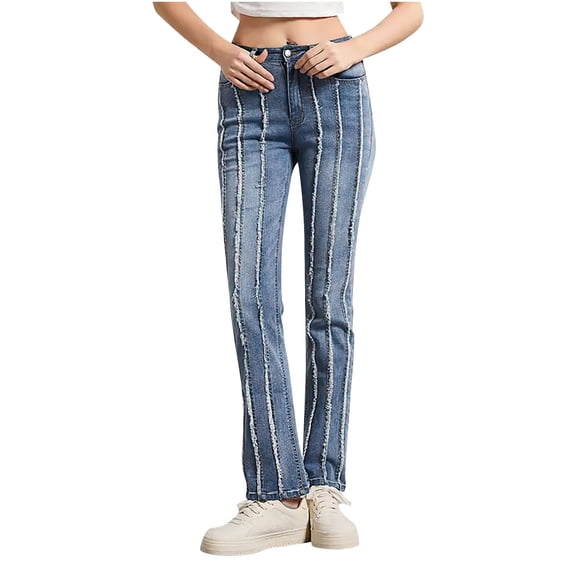 Women's Slim Jeans Mid-Rise Jean Stretch Denim Pants Retro Raw Side Jeans Slim Fit Straight Wide Leg Denim Pants with Pockets