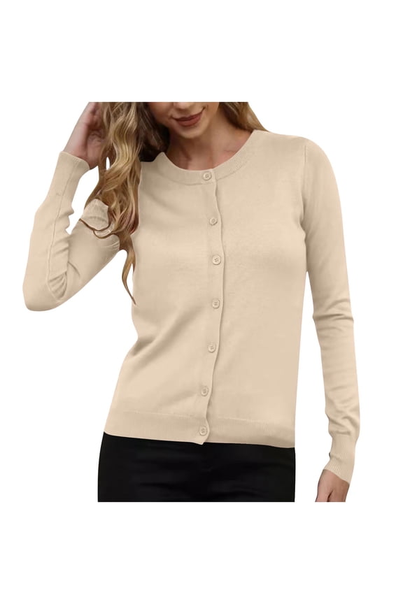 Women's Slim Knit Button Cardigan Crew Neck Lightweight Plus Size-Friendly Work-Ready Essential Fall Minimalist Layering Piece
