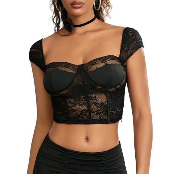 Women's Slim Lace Crop Tops Cap Sleeve Sweetheart Neckline Tank Tops Sheer Clubwear