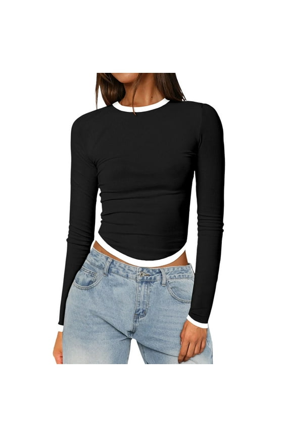 Women’s Slim Long Sleeve Round Neck Crop Top Basic Solid, Tight Slim Fit, Suitable for Workout, Yoga, and Daily Wear, Paired with Jeans or Leggings