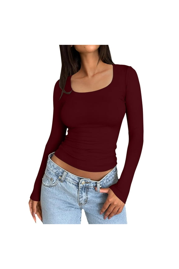 Women's Slim Long Sleeve Round Neck Crop Tops, Basic Solid, Tight Slim Fit, for Workout & Yoga, Polyester Blend, Available in Multiple Sizes