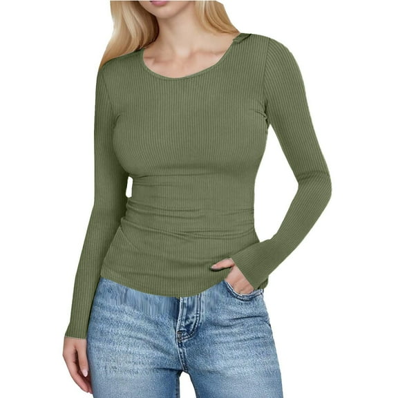 Women's Slim Shirt Long Sleeve Crewneck Solid Ribbed Knit Pullover Tops Olive Green S