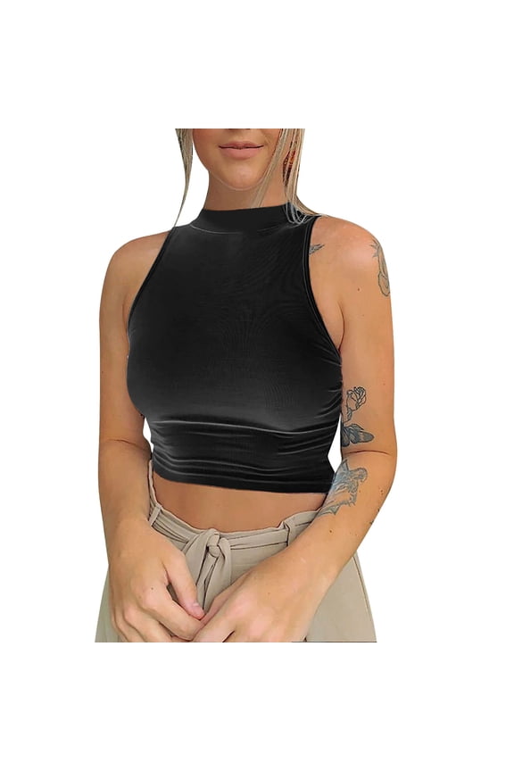 Women's Slim Short Sleeveless Yoga Sports Vest Half High Neck Crop Top Breathable Knit Tank