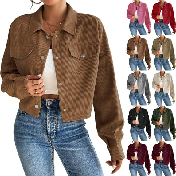 Women's Slim Short Zipper Cardigan Polo Collar Corduroy Jacket for Fall and Winter Wear, Comfortable and Fashionable for Daily Use,Wine,XL