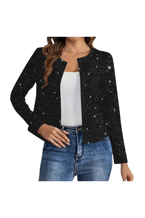 Women's Slim Sparkly Sequin Cardigan Jacket Lightweight Long Sleeve Open Front Blazer Party Casual Cropped Coats Glitter Shiny Thin Jackets
