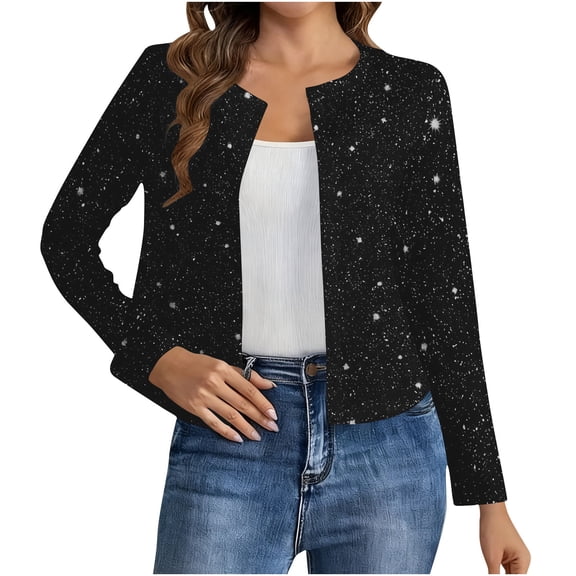 Women's Slim Sparkly Sequin Cardigan Jacket Lightweight Long Sleeve Open Front Blazer Party Casual Cropped Coats Glitter Shiny Thin Jackets