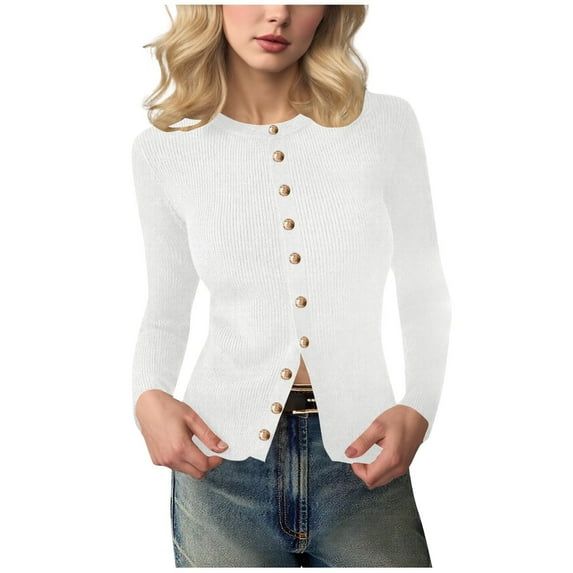Women's Slim Sweater Long Sleeve Crewneck Button Down Solid Knitted Cardigan Tops White L