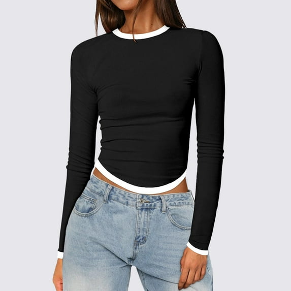 Women’s Slim Tops Long Sleeve Round Neck Crop Top Tee Shirt Basic Solid Tight Slim Fit Cropped Shirt Workout Yoga Long Sleeve Shirts Crop Tops Basic Slim Fit T Shirts Women's Long Sleeve Tee Shirts