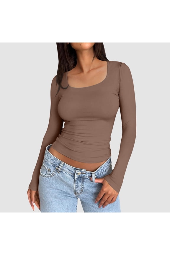 Women’s Slim Tops Long Sleeve Round Neck Crop Top Tee Shirt Basic Solid Tight Slim Fit Cropped Shirt Workout Yoga Long Sleeve Shirts Crop Tops Basic Slim Fit T Shirts Tan Raglan Shirt Women Long