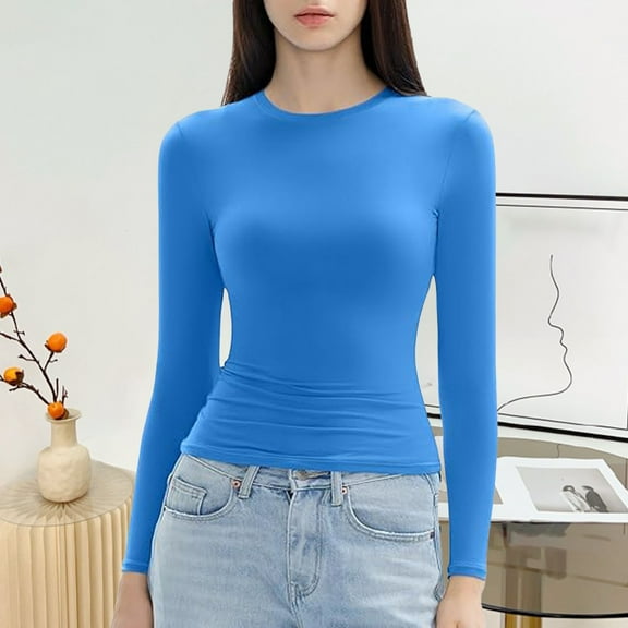 Women’s Slim Tops Long Sleeve Round Neck Crop Top Tee Shirt Basic Solid Tight Slim Fit Cropped Shirt Workout Yoga Loose Womens Tops Women T Shirts Women S Summer Shirts Long Sleeve Layering Tops for