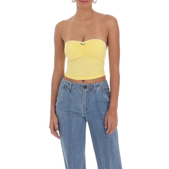 Women's Slim Tube Tops Solid Color Bandeau Mini Rosette Crop Tops Ruched Blouse Tighten Waist Vest Summer Clothes for Summer