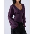 thumbnail image 1 of Women's Slimming Dark Purple V-Neck Pullover Batwing Sleeve Stretchy Long Sleeve Top for Fall Date Night Office Commute Layering, 1 of 8