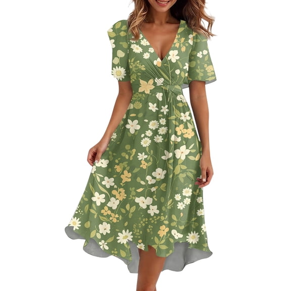 Women's Slimming Design Dress Floral Printed Short Sleeves Long Dress V-neck Sexy Casual Loose Dress Beach Holiday Dresses Female Elegant Atmospheric Straight Evening Dress Light Green M