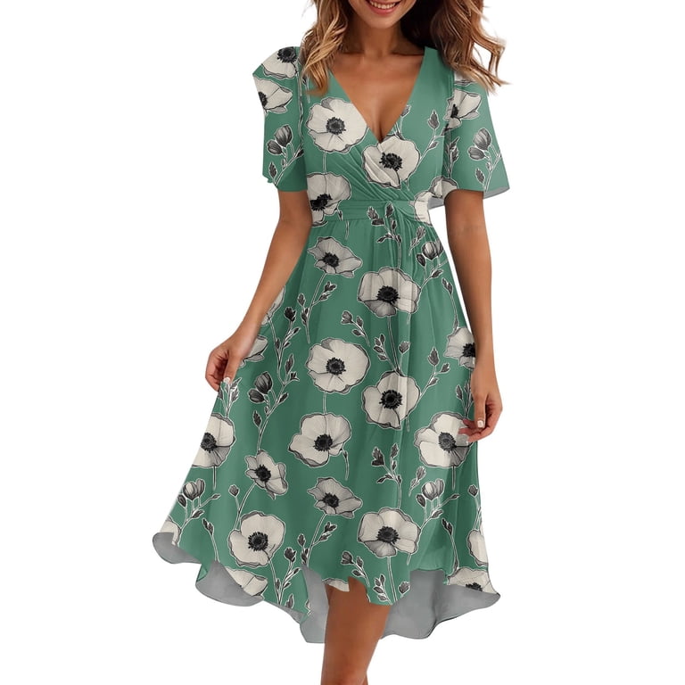 slimming holiday dresses Women's Design Dress Floral Printed Short Sleeves Long Dress V-neck Sexy Casual Loose Dress Beach Female Elegant Atmospheric Straight Evening Dress Army Green M OMBRE
