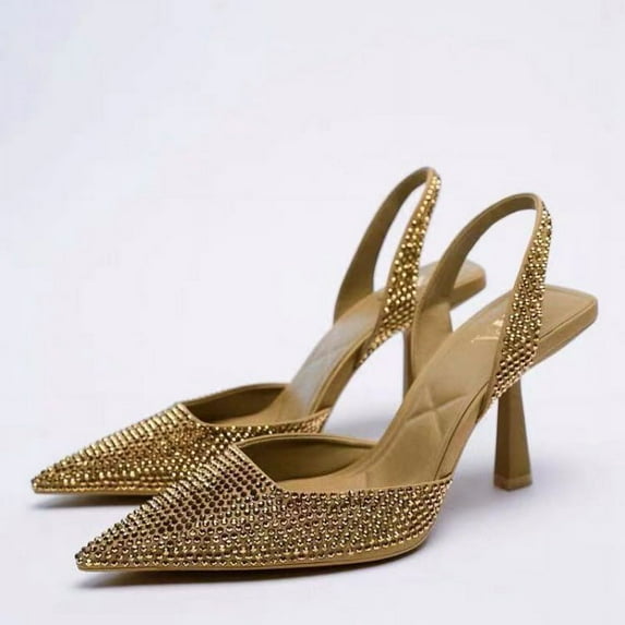 Women's Sling Back Mid Heel Dress Wedding Shoes Glitter Rhinestone Sandals Sling Back