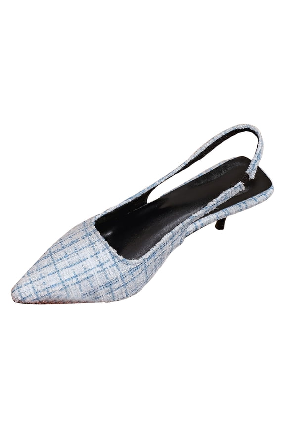 Women's Sling Back Pumps Sandals Glitter Plaid Stiletto Heel Backless Pointed Toe Casual Wedding Dress Shoes Blue Size 9