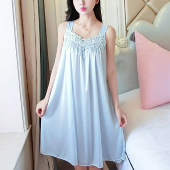 Women's Sling Pajamas Suit Summer Elegant Solid V Neck Casual Sleeveless Satin Sleepwear Dress Home Wear Nightdress Sky Blue Free Size