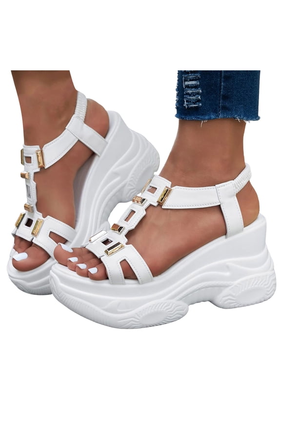 Women's Slingback Chunky Platform Sandals Open Toe T-strap Slip on Wedge Walking Shoes with Arch Support White Size 7