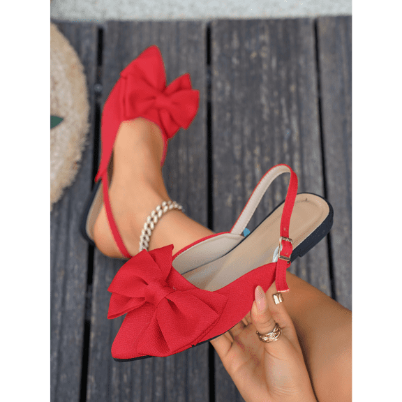 Women’s Slingback Flat Sandals with Oversized Bow, Elegant Pointed Toe Dress Shoes, Soft Fabric Upper, Buckle Strap Comfort Flats for Casual, Office, Party, Summer Wear