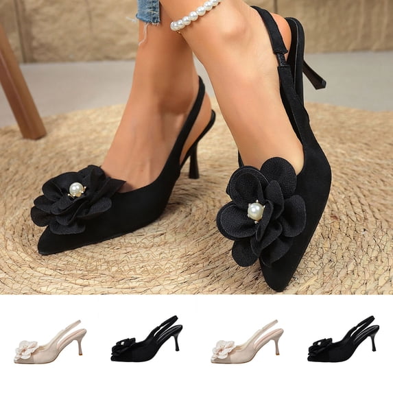Women's Slingback Heels for Women Trendy Pointed Toe Flower Decor Stiletto Pumps Comfortable Casual Dress Shoes Spring Summer Fashion Plus Size Black Shoes for Women
