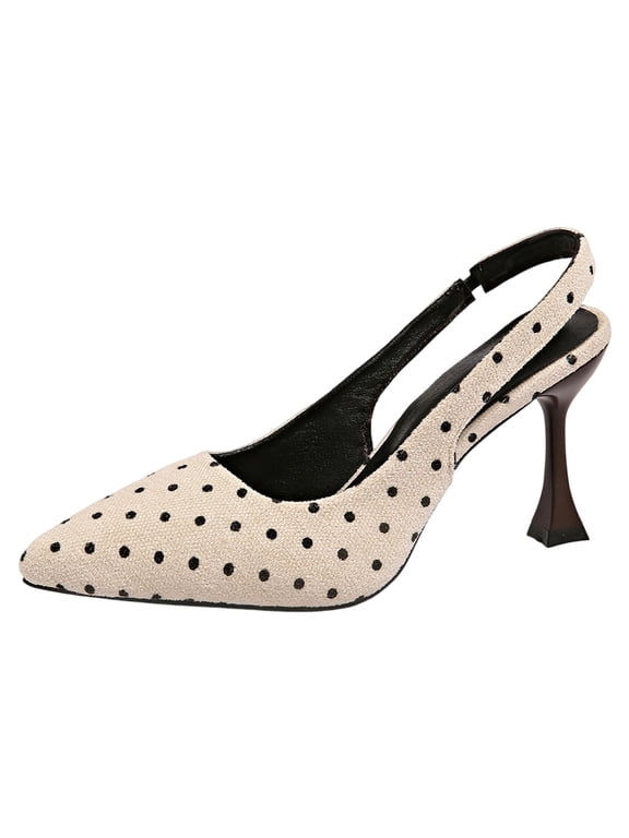 Women's Slingback Kitten Heels Closed Pointed Toe Backless Wedding Party Dress Pumps Shoes Adjustable Ankle Strap Daily Party Work Shoes Polka Dots Beige-A
