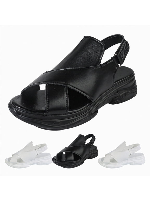 Women's Slingback Wedge Platform Sandals Comfortable Soft Leather Slip on Casual Peep Toe Slides Sport Walking Heeled Shoes Black Size 9