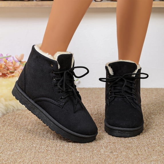 Women's Slip on Ankle Boots, Fall Winter Round Toe Lace Up Flat Warm Fleece Lined Cotton Boots with Breathable Upper and Non Slip Sole, Cozy Winter Footwear for Cold Weather Daily Wear