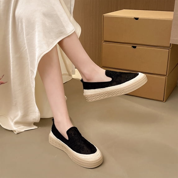 Women's Slip On Canvas Sneakers, Womens Espadrilles Slip On Shoes Stylish Lace Casual Loafers Lightweight Platform Sneakers Comfortable Spring Flat Shoes for Office, Work, Walking, Black 7
