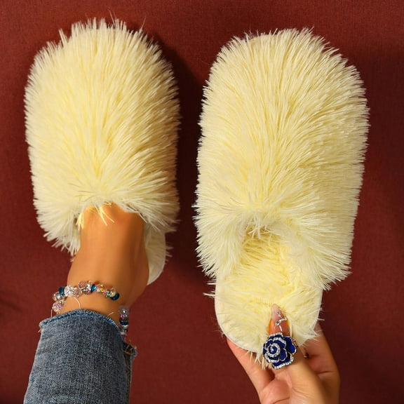 Women's Slip on Fuzzy House Slippers Faux Fur Lined Anti-Skid Rubber Sole Bedroom Cozy Indoor Outdoor Slippers Solid Color Collarette House Shoes Hotel Travel Home Footwear