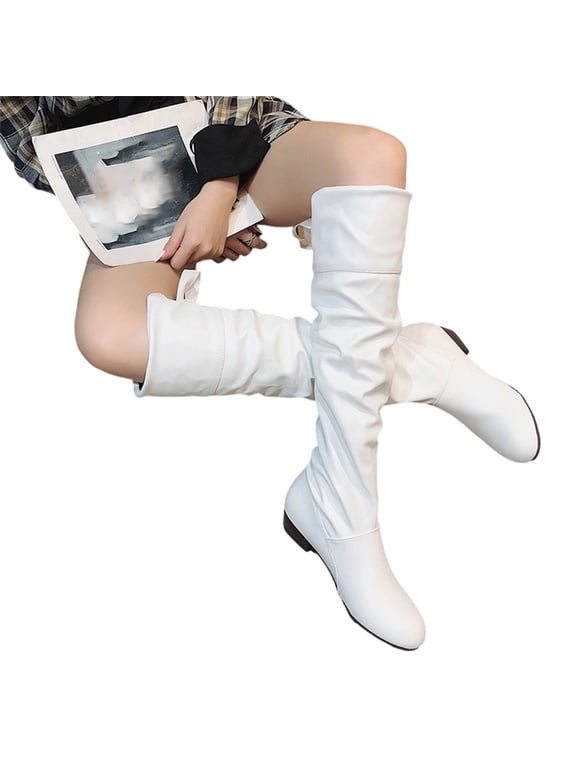 Women's Slip on Knee High Boots, Plus Size Round Toe Back Lace Up High Top Leather Boots with Breathable Lining and Non Slip Sole, Comfortable Footwear for Everyday Wear