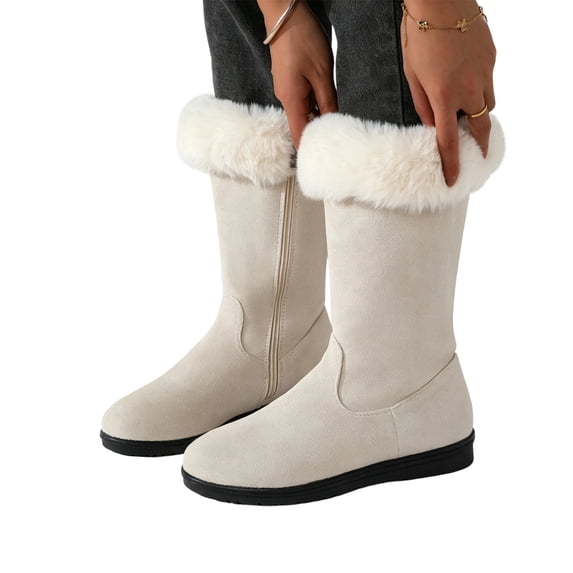 Women's Slip on Knee High Boots, Plus Size Warm Fleece Lined Side Zipper Round Toe Winter Boots with Breathable Upper and Non Slip Sole, Cozy Footwear for Cold Weather Daily Wear