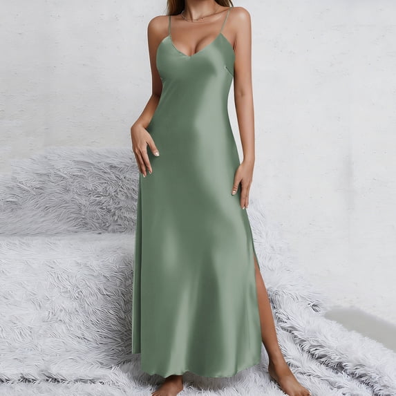 Women's Slip Maxi Dress V Neck Spaghetti Strap Side Split Silky Satin Bodycon Long Gown For Cocktail Party Night Out Clubwear Elegant Wedding Guest Formal Apparel