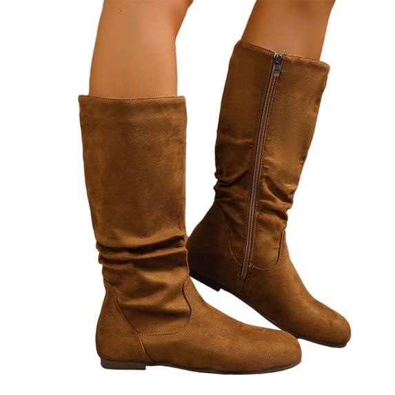 Women's Slip on Mid Calf Boots, Plus Size Suede Side Zipper Round Toe Casual Boots with Breathable Lining and Cushion Sole, Comfortable Footwear for Everyday Wear