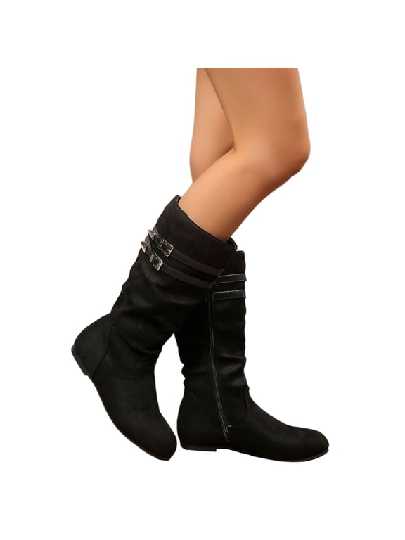 Women's Slip on Mid Calf Boots, Plus Size Suede Side Zipper Round Toe Casual Boots with Breathable Lining and Cushion Sole, Comfortable Footwear for Everyday Wear