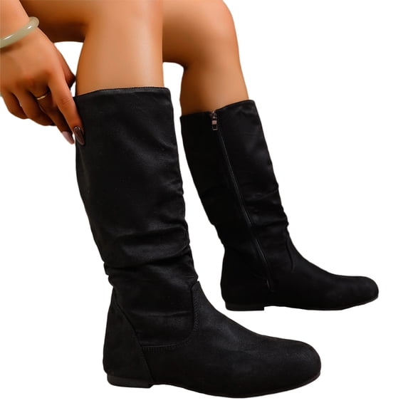 Women's Slip on Mid Calf Boots, Plus Size Suede Side Zipper Round Toe Casual Boots with Breathable Lining and Cushion Sole, Comfortable Footwear for Everyday Wear